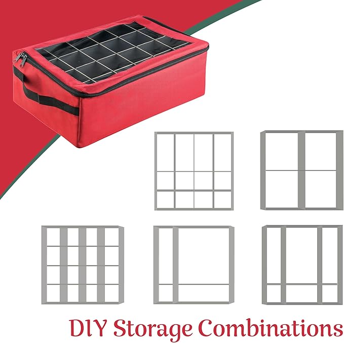 Ornament Storage Box - Zippered Lid Organizer with 48 Individual Compartments and Dividers for Christmas Bulbs and Decorations by Tiny Tim Totes (Red)