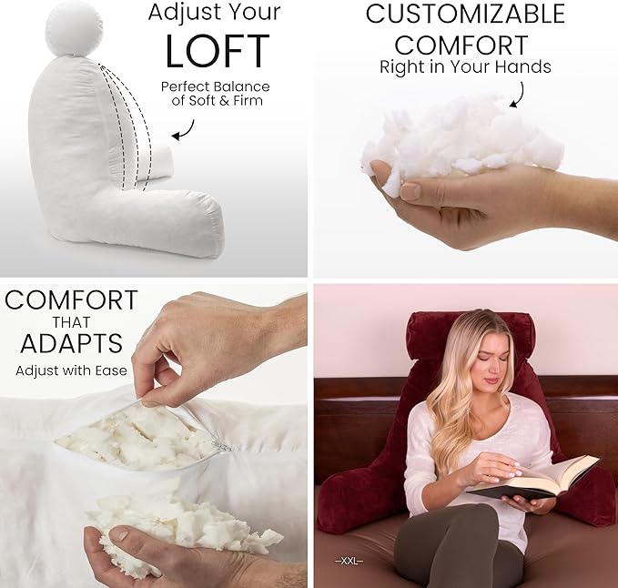 Husband Pillow XXL The Original for Adults - 30" Tall Backrest for Sitting Up in Bed - Firm Support Reading & Bed Rest Pillows for Adults, Neck Roll, Removable Cover - TV - Maroon