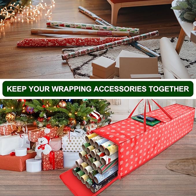 Christmas Wrapping Paper Storage Containers,40 Inch Gift Wrapping Organizer Storage,Fits 20 Standard Rolls of Wrapping Paper,Breathable Fabric, Square