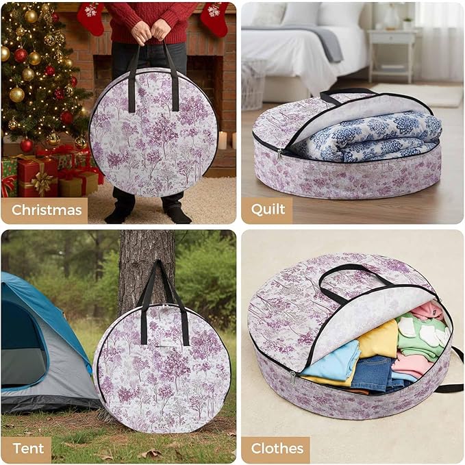 Storage Bag Maple Tree Pine Round Storage Totes Bins Closet Organizers with Zippers & Handle Watercolor Plants Purple Clothes Storage Container for Bedroom Dorm Space Saving Packing Supplies Bags