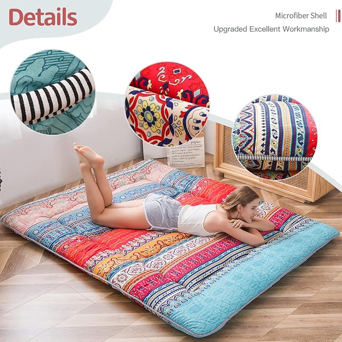 MAXYOYO Bohemian Retro Floor Mattress Vintage Floral Japanese Futon Mattress Roll Up Tatami Floor Mat Portable Camping Mattress Sleeping Pad Floor Lounger Couch Twin Size