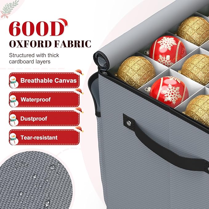 Keten Christmas Ornament Storage Boxes with 8 Individual Trays, Fits 128 Holiday Ornaments 3-Inch, Christmas Ball Accessories Container with 48 Dividers, Dual Zippered Closure, 600D Oxford (Grey)