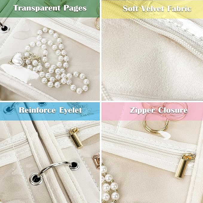 Travel Jewelry Organizer Case,Small Jewelry Bags Jewelry Storage Book Binder with Clear Zipper Velvet Pouch for Traveling,Earrings, Rings, Necklace, Bracelet (Pink)