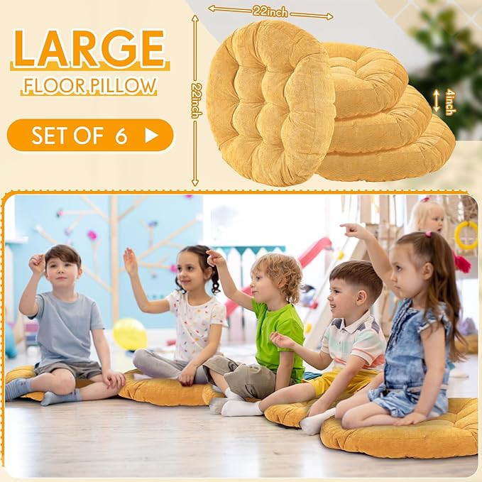 Jerify Floor Pillow Cushions Large Round Square Large Meditation Floor Pillow for Classroom Adult Meditation Picnic Party Seating Learning Daycare School(Round,Yellow,6 Pcs)