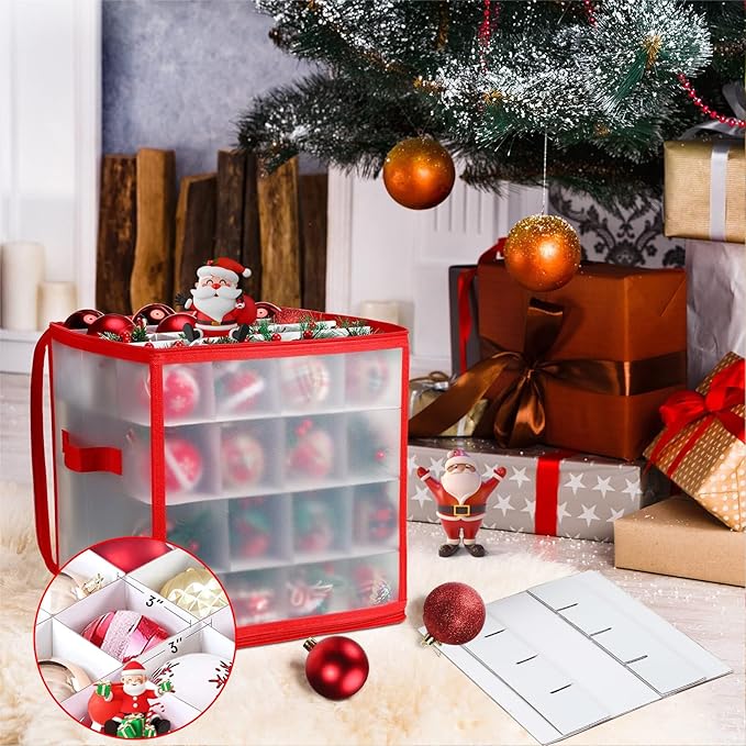 Christmas Ornament Storage Box, 64 Christmas Decoration Storage Box with Two Handles, Holiday Xmas Ornaments Box with Lid, Double-Sided Trays with Durable Zippers for Season