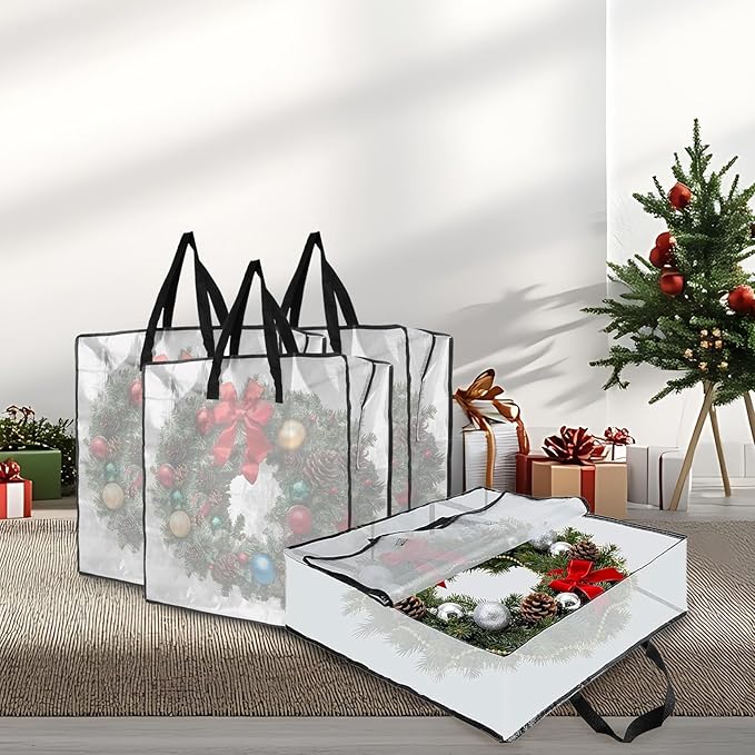 Garvee 8 Pack Clear Plastic Christmas Wreath Storage Bags with Sturdy Handles and Zipper, Wreath Storage Container for Holiday Garlands, Gifts, and Christmas Decorations