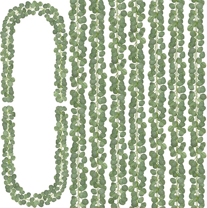 CQURE 16Pcs Eucalyptus Garland,Artificial Eucalyptus Leaves Table Greenery Garland Wreath Vines for Wedding Party Table Fireplace Bedroom Wall Room Decor