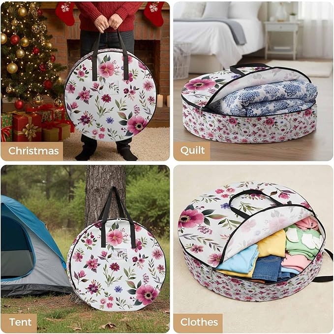 Spring Flowers Round Storage Bag 24 Inch, Pink Wildflowers Leaf Watercolor Floral Plants Clothes Storage Container with Handles Heavy Duty Organizer for Comforter, Bedding & Holiday Wreaths