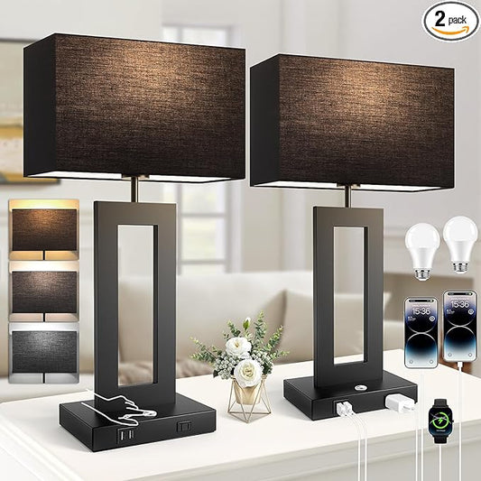 3 Color Temperatures Black Table Lamps for Bedrooms Set of 2, 22’’ Touch Control Bedside Nightstand Lamps with 2 USB Ports & AC Outlet, Modern Lamp Sets for Living Room, Stepless Dimming, Black Shade
