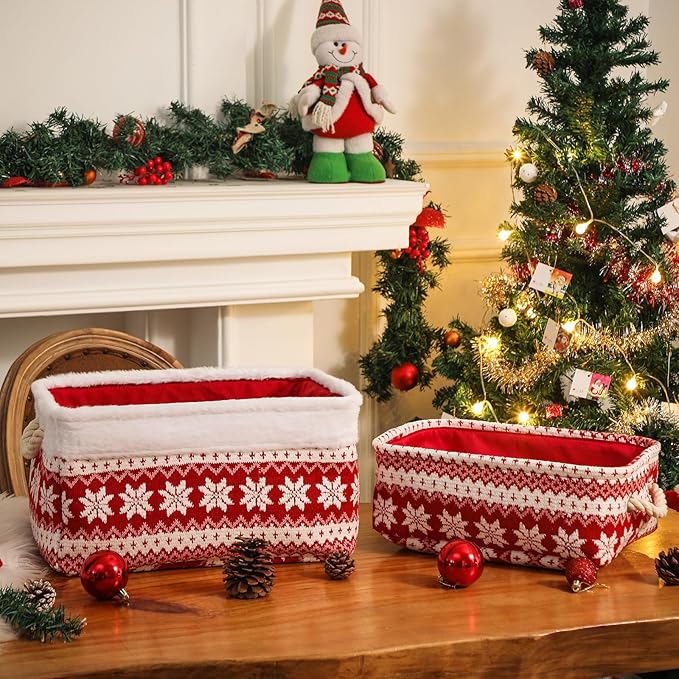 INough Red Christmas Gift Basket, Collapsible Empty Holiday Storage Bin with Handles, Fabric Storage Organizer for Kids, Baby Items, Presents and Festive Home Decorations