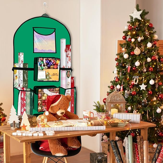 Hanging Gift Wrapping Paper Organizer Storage 48x24 Inch Double-Sided Over The Door Christmas Wrapping Storage Containers Gift Wrapping Organizer Present Paper Craft Roll Holder for Closet Door（Green）