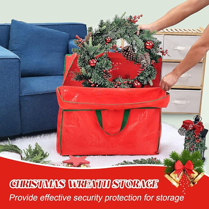 6PCS Christmas Wreath Storage Container, 25" Red Wreath Storage Bags Garland Container Clear Storage Bags with Handles Zippers Christmas Wreath Boxes for Xmas Seasonal Holiday Wreath Garland