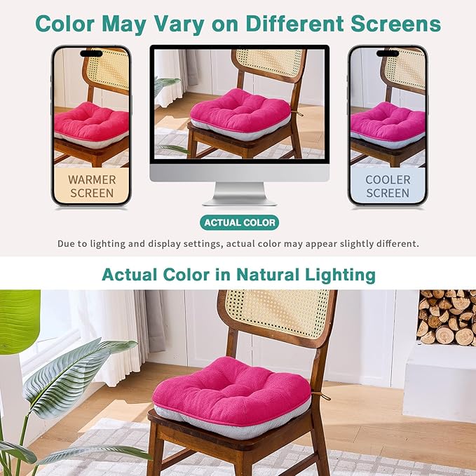 BETU Chair Cushions for Dining Chairs Set of 6,3.5" Thick Kitchen Table Chair Pads with Ties,Non Slip Backing and Covers, Seat Cushion for Dining Room,Bar,Patio Chairs,16"X16"X3.5",Hot Pink