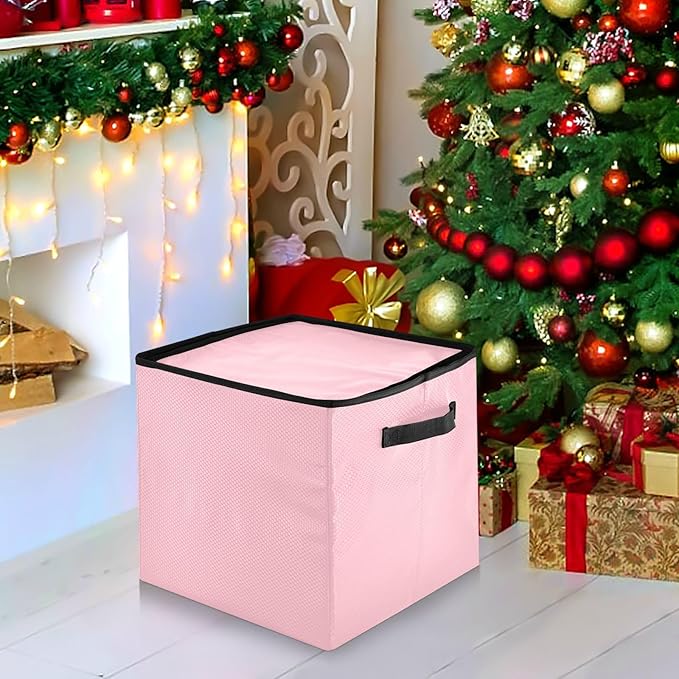 Pink Christmas Ornament Storage Basket Box Holiday Storage Container Cube with Adjustable Dividers for 64 Holiday Ornaments or Decorations Keeps Clean and Dry for Next Season