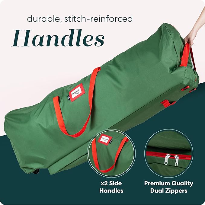 Handy Laundry Christmas Tree Storage Bag with Wheels – Fits 7.5 ft Artificial Tree, Heavy Duty, Large Zippered Holiday Storage Container for Ornaments & Decorations, Durable Handles, Green