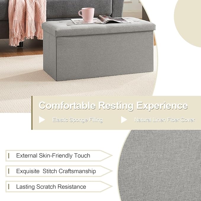 VECELO 30'' Folding Storage Ottoman Bench, Storage Chest, Linen Fabric Foot Rest Stool, 110L Storage Footstools for Bedroom and Living Room, Holds up to 440 lbs, Grey