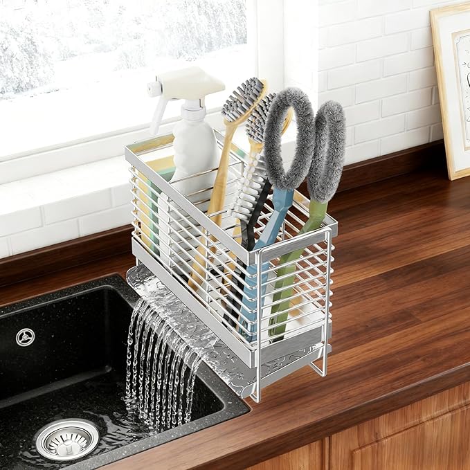 Utensil Holder, Upgrade Stainless Steel Utensil Drying Rack with Automatic Drain Tray for Kitchen Counter, Silverware Cutlery Organizer for Spoons, Forks, Knifes, Chopsticks (Silver)