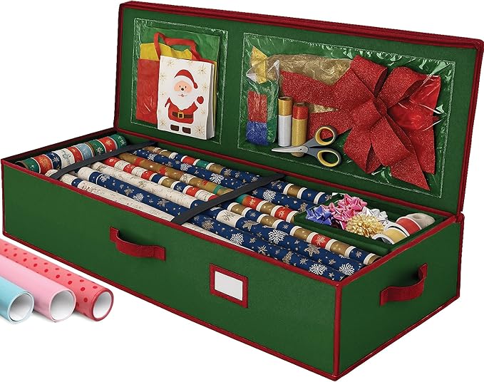 Christmas Wrapping Paper Organizer Storage, with Straps & Pockets, Gift Wrap Organizer Bag for Christmas Decorations, Fits Upto 24 Rolls, Underbed Storage for Holiday Decoration, (Green)