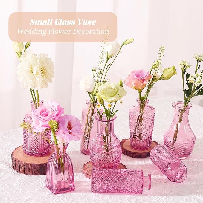 24PCS Mini Bud Vases As Wedding Centerpieces for Tables,Clear Bud Vases for Flowers,Small Flower Vases Suitable for Birthday Party,Anniversary,Wedding Reception,Baby Shower (Pink, 24PCS)