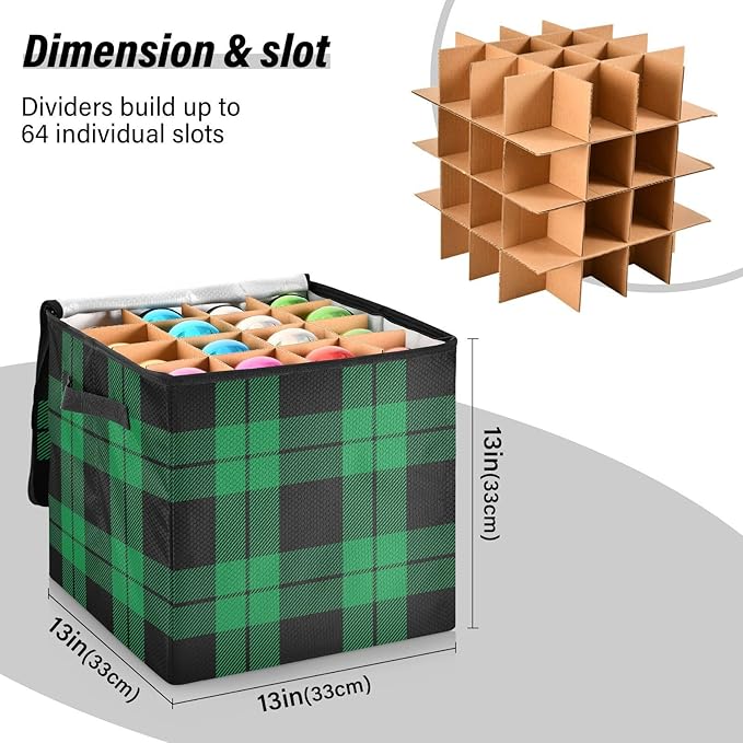 Green Black Christmas Ornament Storage Basket Box Buffalo Plaid Winter Holiday Storage Container Cube with Adjustable Dividers for 64 Holiday Ornaments or Decorations Keeps Clean and Dry