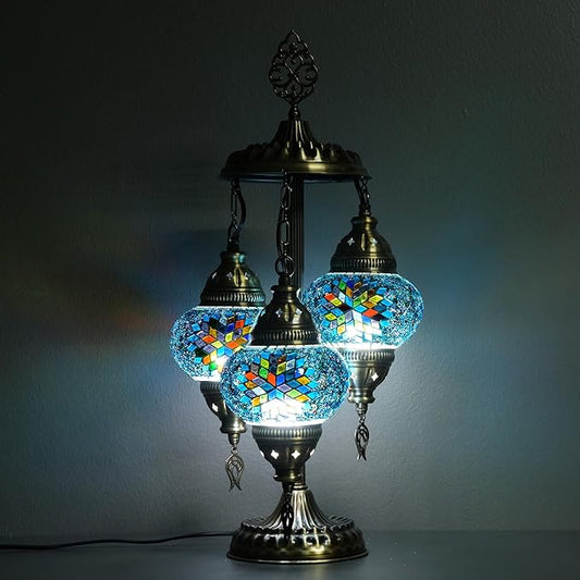 Asylove Turkish Lamp, 3 Globe Turkish Mosaic Table Lamp, Living Room and Office Decoration Lighting 5 inc Globe Total Dimesions 12 x 12 x 24 inch (Turquoise Mix)