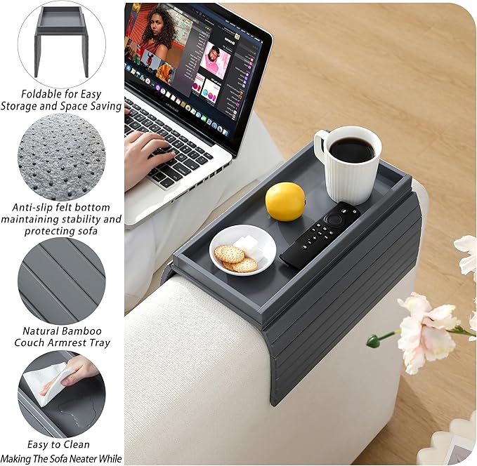 Bamboo Couch Arm Tray Table，Foldable Sofa Armrest Tray Table for Couch，Flexible and Anti-Slip Couch Arm Cup Holder，Portable Sofa Arm Chair Table for Drink,Cups, Eats，Snacks, Phone, Remote (Gray)