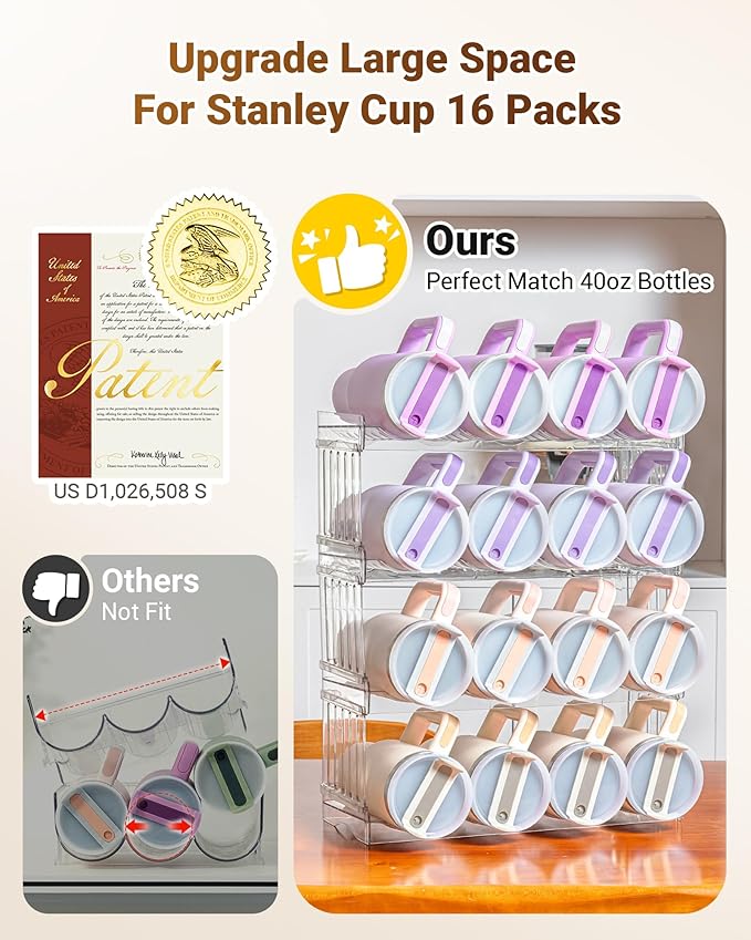 Gracenal Upgraded Larger Tumbler Organizer for Stanley Cup 40 oz with Handle, Kitchen Storage for Stanley Cup Accessories, Pantry Organizers and Storage for Tumbler Mug Cup Gifts (Larger-16-bottle)