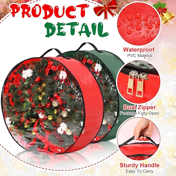 Aliceset 4 Pack Wreath Storage Containers, Ornament Garland Wreath Storage Bags with Handle Zipper Decorative Storages Box for Winter Valentine Wreaths(24 x 24 x 7.8 Inch,Red, Green)