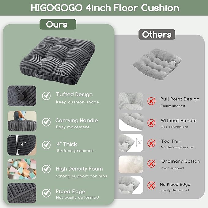 HIGOGOGO Floor Pillow Cushion for Adults, Meditation Cushion Pillow, Large Square Floor Sitting, Tufted Corduroy Cover, for Tatami Living Room or Yoga, 22x22 Inch, 2Pack, Dark Grey