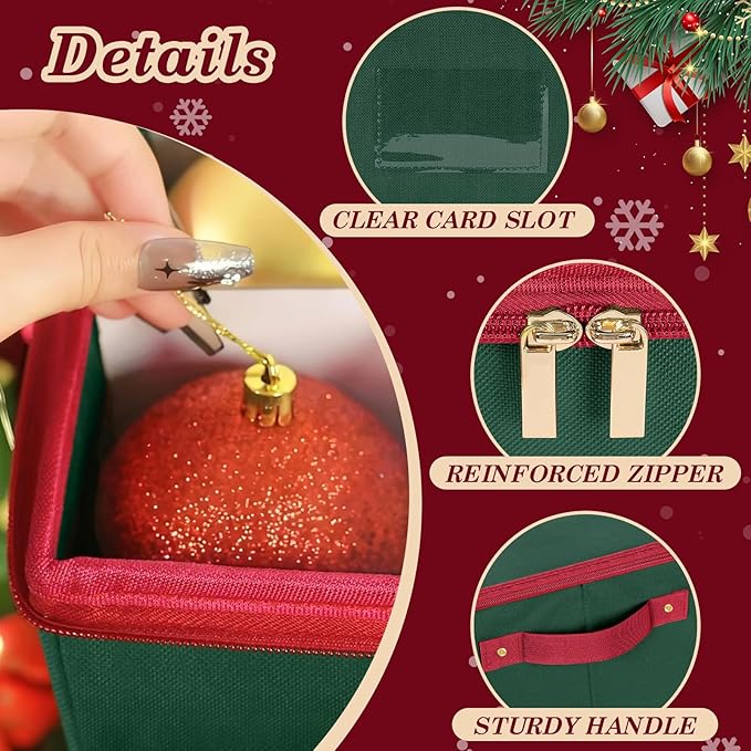 Christmas Ornament Storage Box with Adjustable Dividers Zippered Top Stores up to 128 Holiday Ornaments (3 Inch) Xmas Ball Decorations Organizer Storage Container Bin