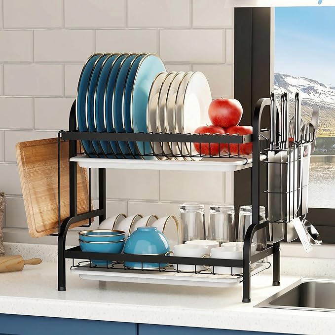 2-Tier Stainless Steel Dish Drying Rack Space Saving Kitchen Organizer for Counter, in-Sink, or Over-Sink Use, Includes Removable Drain Tray, Cutlery Holder,Utensil Holder Black