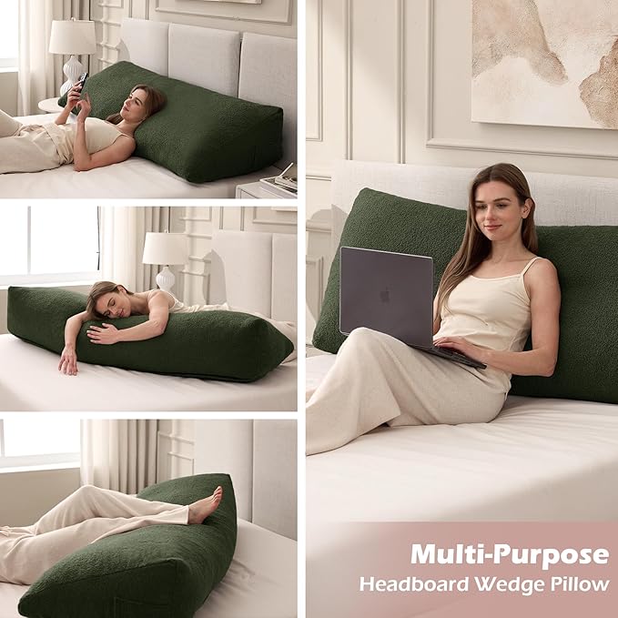 Headboard Pillow King, Triangle Bed Wedge Pillow for Headboard, Backrest Pillow for Sitting up, Reading, Working, Headboard Daybed Pillow with Removable Cover for Bed, Dorm Sofa, Dark Green