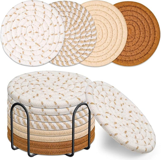 Mckanti Drink Coasters Set of 8, 4 Colors Absorbent Coasters for Drinks, Minimalist Cotton Woven Coaster for Living Room Decor, Fall Home Decor, 4.3 Inches