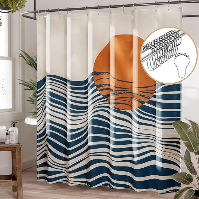 AmazerBath Boho Shower Curtain, 72x72 Washable Cloth Navy Sea and Sunset Shower Curtain with 12 Hooks, Fabric Rustic Shower Curtain Set, Farmhouse Modern Tan Shower Curtains for Bathroom Camper RV