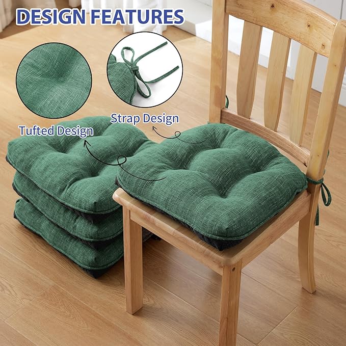 IPYNBAP Chair Cushions for Dining Chairs Set of 4, Kitchen Chair Cushions, Chair Pads with Ties Non Slip Backing, Christmas Room Decor, Tufted Memory Foam Seat Cushion 4 Pack, 18"x18"x4", Dark Green