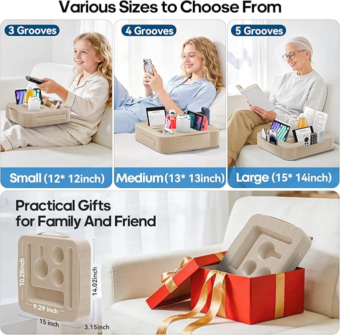 Couch Cup Holder Tray, Couch Caddy for Drink, Snack, Phone, Remote, Ipad, Game Controller, Large-Size Sofa Cup Holder for Bed, Sofa, Car, Desk, Khaki