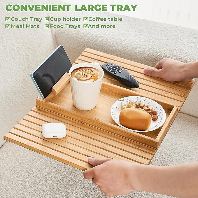 LOVYANXUE Bamboo Sofa Arm Tray, Anti Falling Couch Arm Tray Armrest Table with 360° Rotating Phone Holder, Foldable and Portable Sofa Armrest Trays Cup Holder for Drink,Cups, Phone, Snacks, Remote