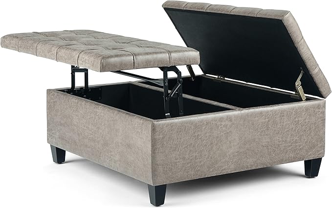 SIMPLIHOME Harrison Coffee Table Storage Ottoman - 36 inch Wide Upholstered Vegan Leather Square Lift-Top Ottoman in Distressed Grey Taupe, Transitional Ottoman for Living Room with Storage