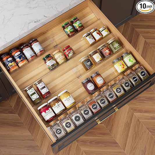 10-Pack Adjustable Spice Drawer Organizer, Expandable Seasoning Rack Tray (13" to 26"), Acrylic Spice Drawers Insert with Anti-Slip Mat, for Kitchen Cabinet (Jars not included)