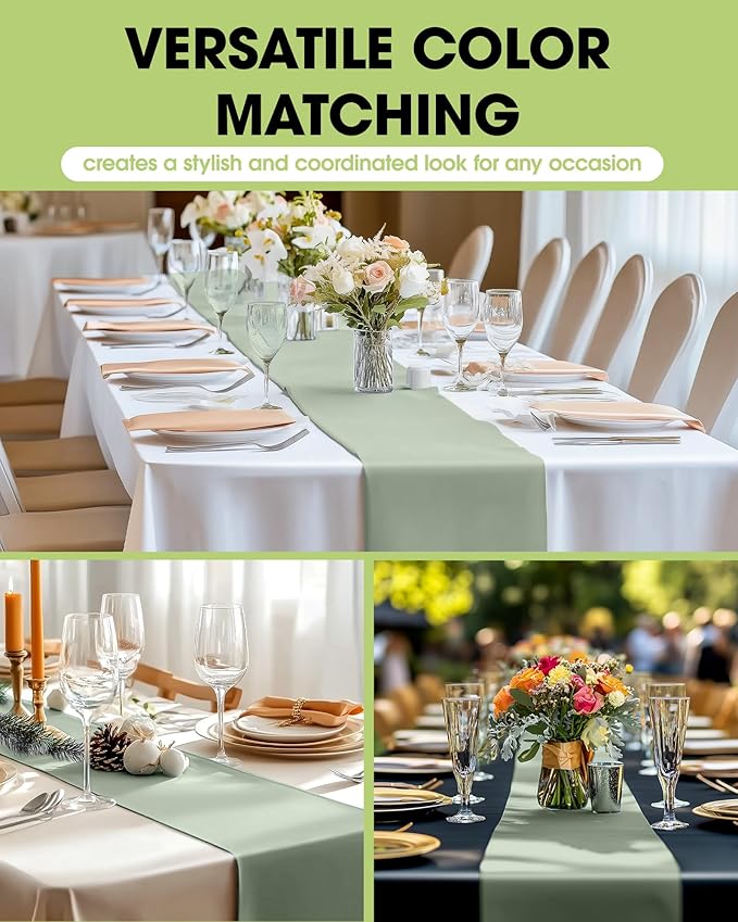 Pureegg Sage Green Plastic Table Runners - 10 Pack, 14'' x 108'', Water Resistant & Disposable Centerpiece Decorations for Table Cloth, Wedding, Birthday, Holiday, Baby Shower, Party, Home Decor