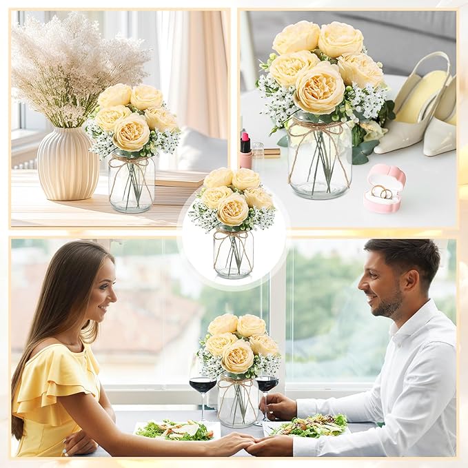 Zeyune 12 Sets Mason Jar Centerpiece Table Decorations, Artificial Peony Baby's Breath Flower Bouquets, Faux Flowers with Vase, Rustic Decor Gifts for Home, Wedding, Holiday (Champagne)