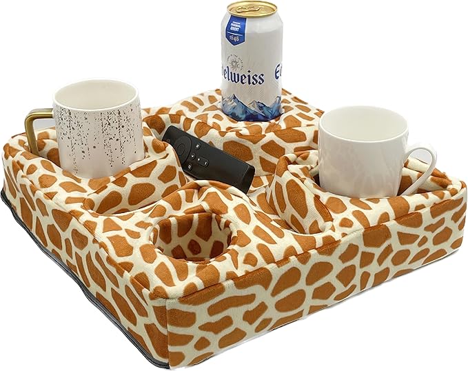 Couch and Bed Cup Holder Pillow, Sofa Refreshment Tray for Drinks/Remote Control/Snacks Holder (Giraffe)