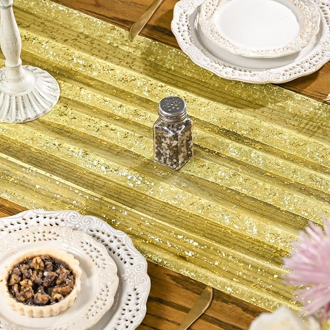 Artoid Mode 10PCS Light Yellow Gold Gauze Table Runner 120 Inch 10FT, Glitter Metallic Foil Sheer Dining Wedding Anniversary Holiday Birthday Table Decor for Home Party