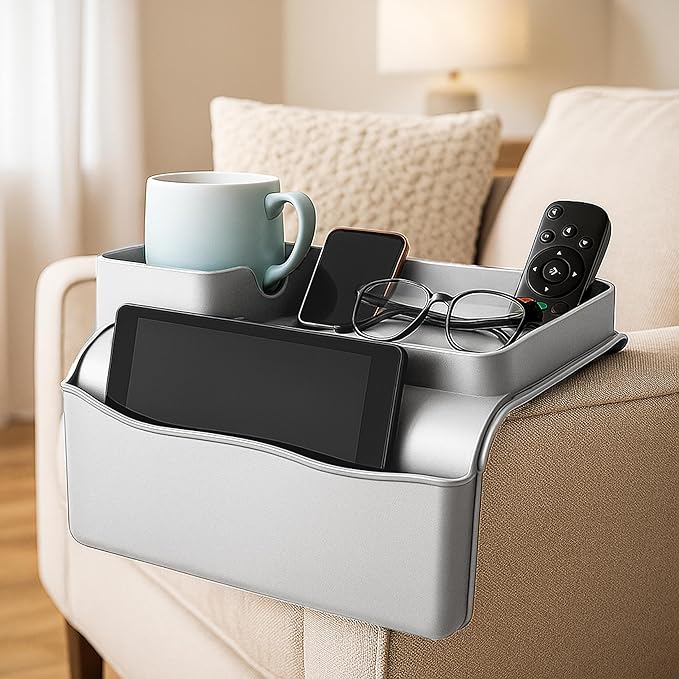 S V Adjustable Couch Armrest Tray with Cup Holder & Storage Pockets Non Slip Sofa Organizer for Drinks Phone Remote