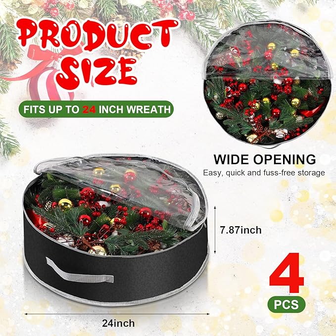 Aliceset 4 Pack Wreath Storage Containers, Ornament Garland Wreath Storage Bags with Handle Zipper Decorative Storages Box for Winter Valentine Wreaths(24 x 24 x 7.8 Inch,Black)