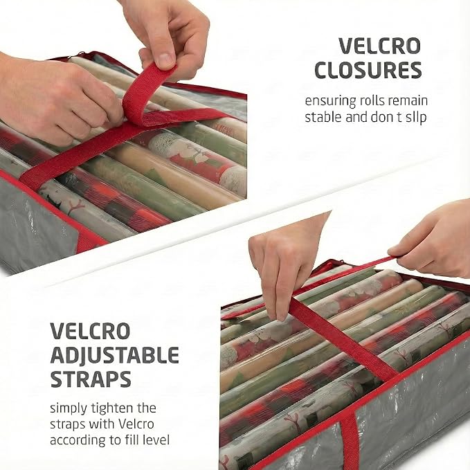 ZOBER Gift Wrapping Paper Organizer Storage - 40" Gift Wrap Storage Containers With Interior Pockets For Bows, Tags & Ribbons - Wrapping Paper Holder, Waterproof, Fits 24 Standard Rolls (Gray)