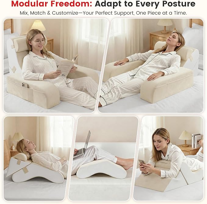 Homkdom Reading Pillow for Sitting in Bed Adult, 22" Back Pillow for Bed Sitting up with Armrests & Storage Pockets, Ergonomic Wedge Pillow for Watching TV, Gaming, Working, Recovery, 5PCS, Beige