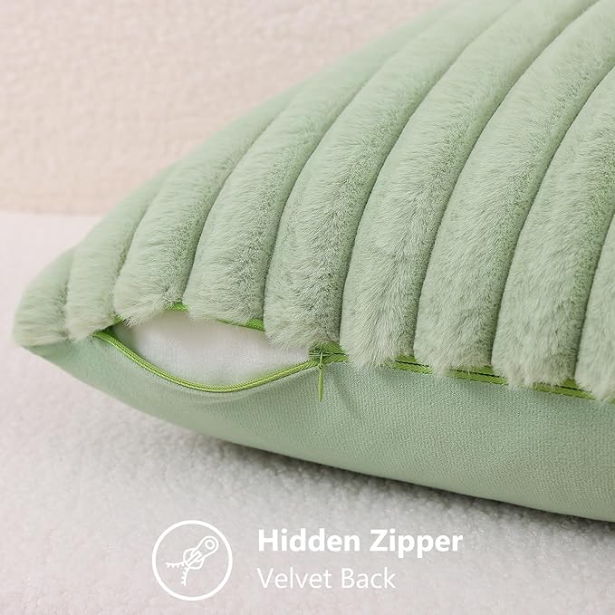 decorUhome Summer Cozy Faux Fur Throw Pillow Covers 24x24 Set of 2 Decorative Plush Striped Modern Farmhouse Boho Couch Euro Sham Pillow Cases with Velvet Back for Sofa Bed Living Room, Sage Green