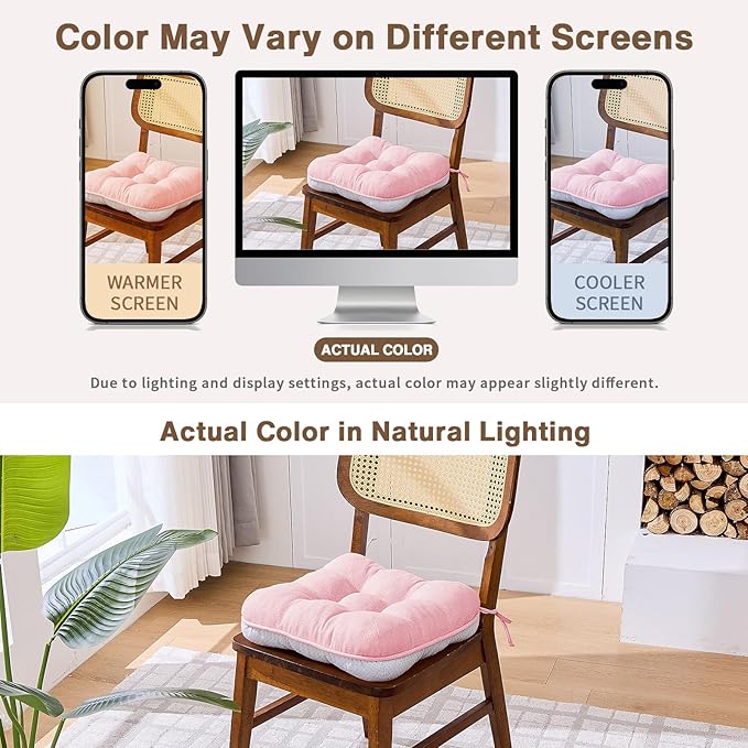BETU Pink Chair Cushions for Dining Chairs Set of 4,3.5" Thick Kitchen Table Chair Pads with Ties,Non Slip Backing and Covers, Seat Cushion for Dining Room,Bar,Patio Chairs,16"X16"X3.5",Pink