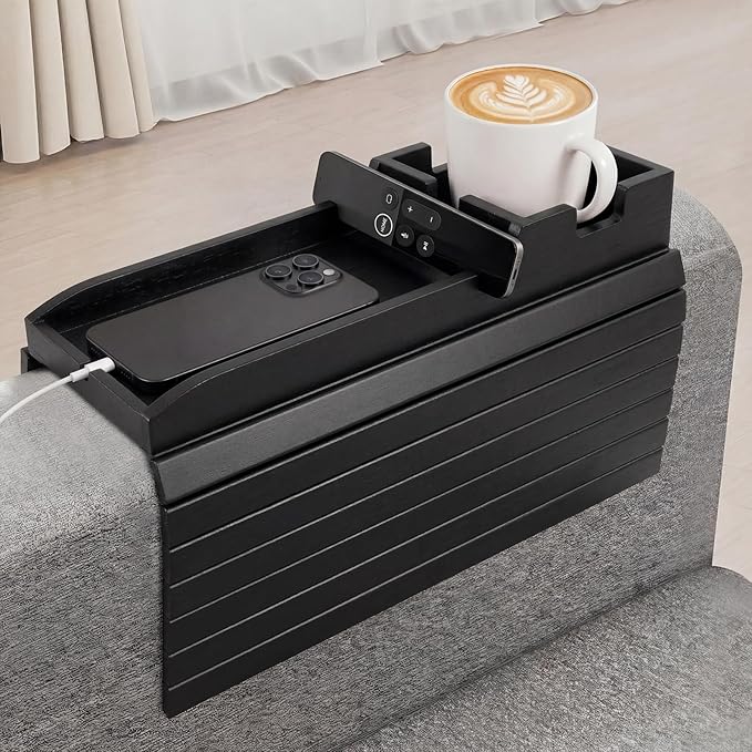 Bamboo Couch Arm Tray Table with Built-in Cup Holder, Foldable Anti-Slip Sofa Armrest Table for Drinks, Phone & Remote, Fits 4.7–16.9 in Armrests, Holds Cups up to 3.5 in Diameter (Black)